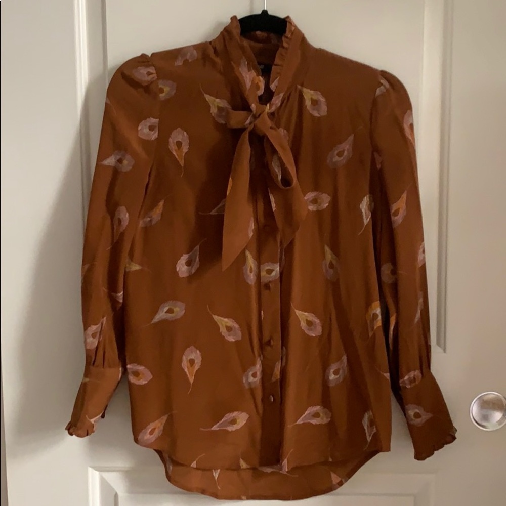 Madewell brown blouse with feather details